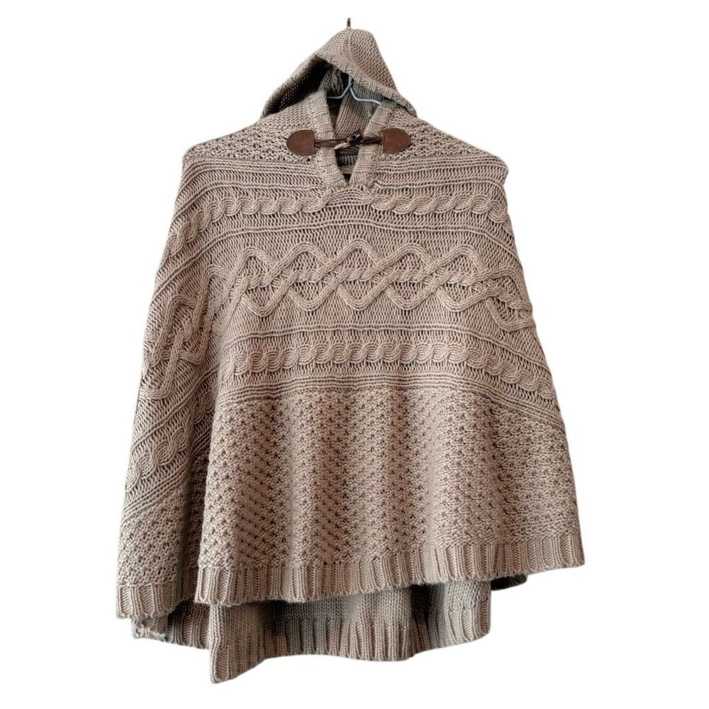 NWT Copper Key Cable Knit Toggle Neck Hooded Beige Poncho Sweater Large